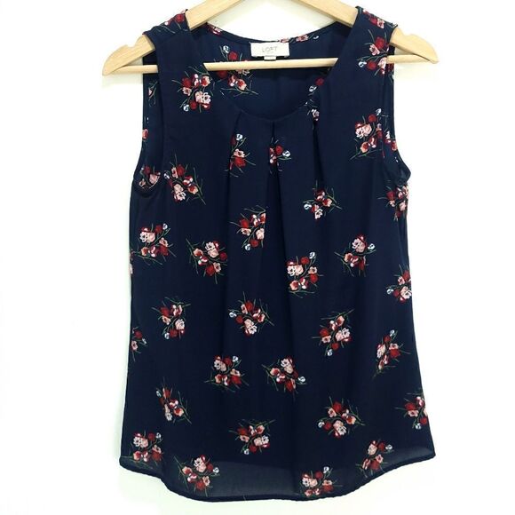 LOFT Navy & Florals Sleeveless Blouse - Picture 1 of 6